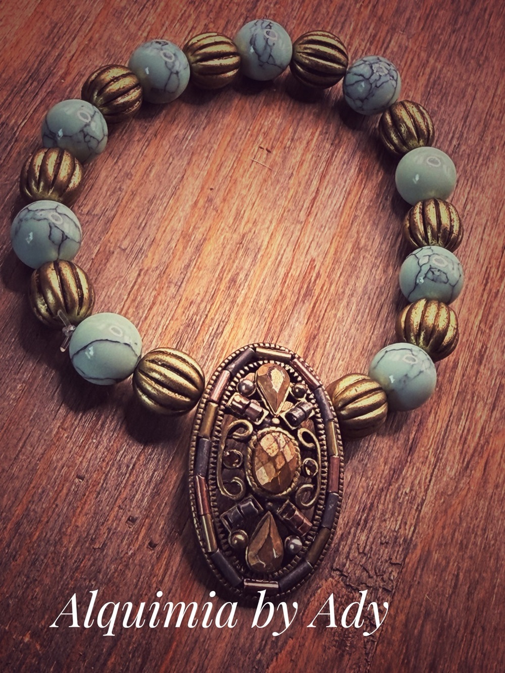 Turquoise, Gold & bronze Beaded Bracelet + RUSTIC - Picture 3 of 3